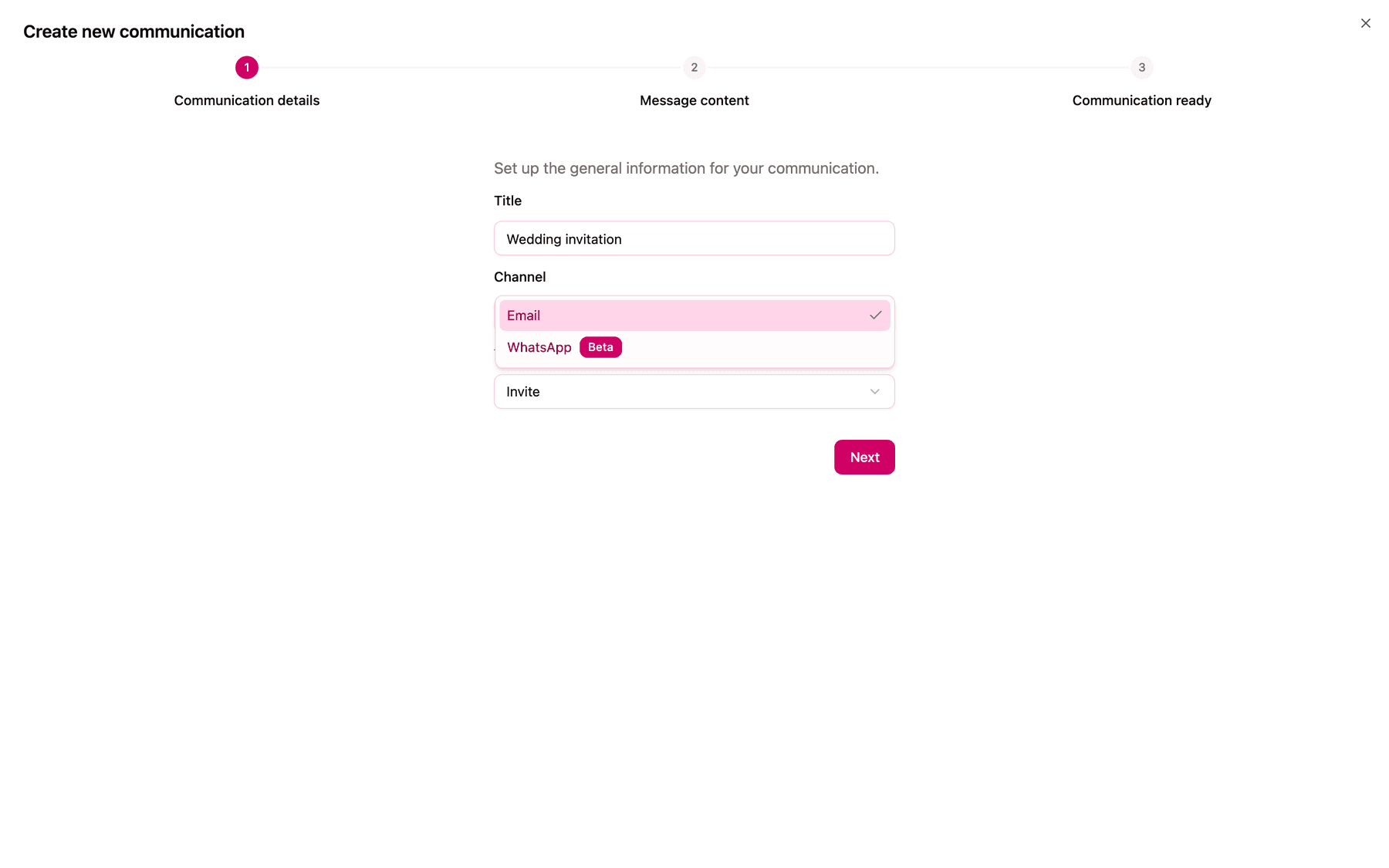 The Channel dropdown open, showing Email and WhatsApp with a Beta badge