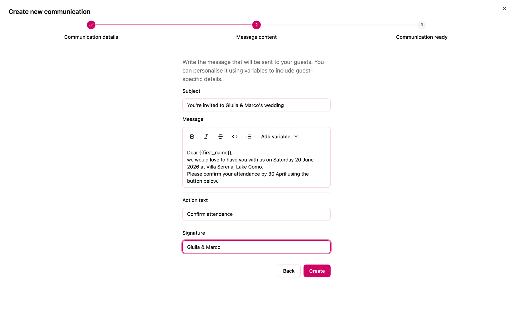 Step 2 filled in with subject, message, action text and signature