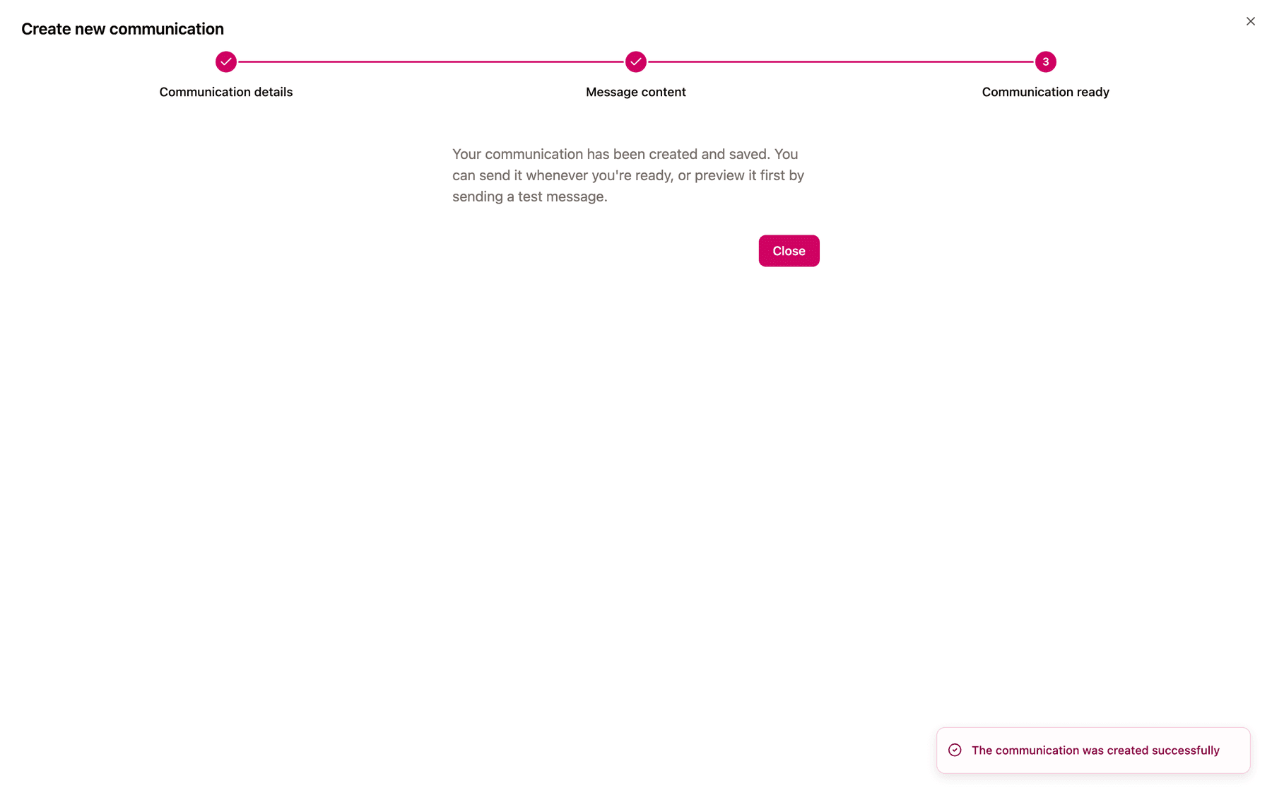 The Communication ready confirmation screen