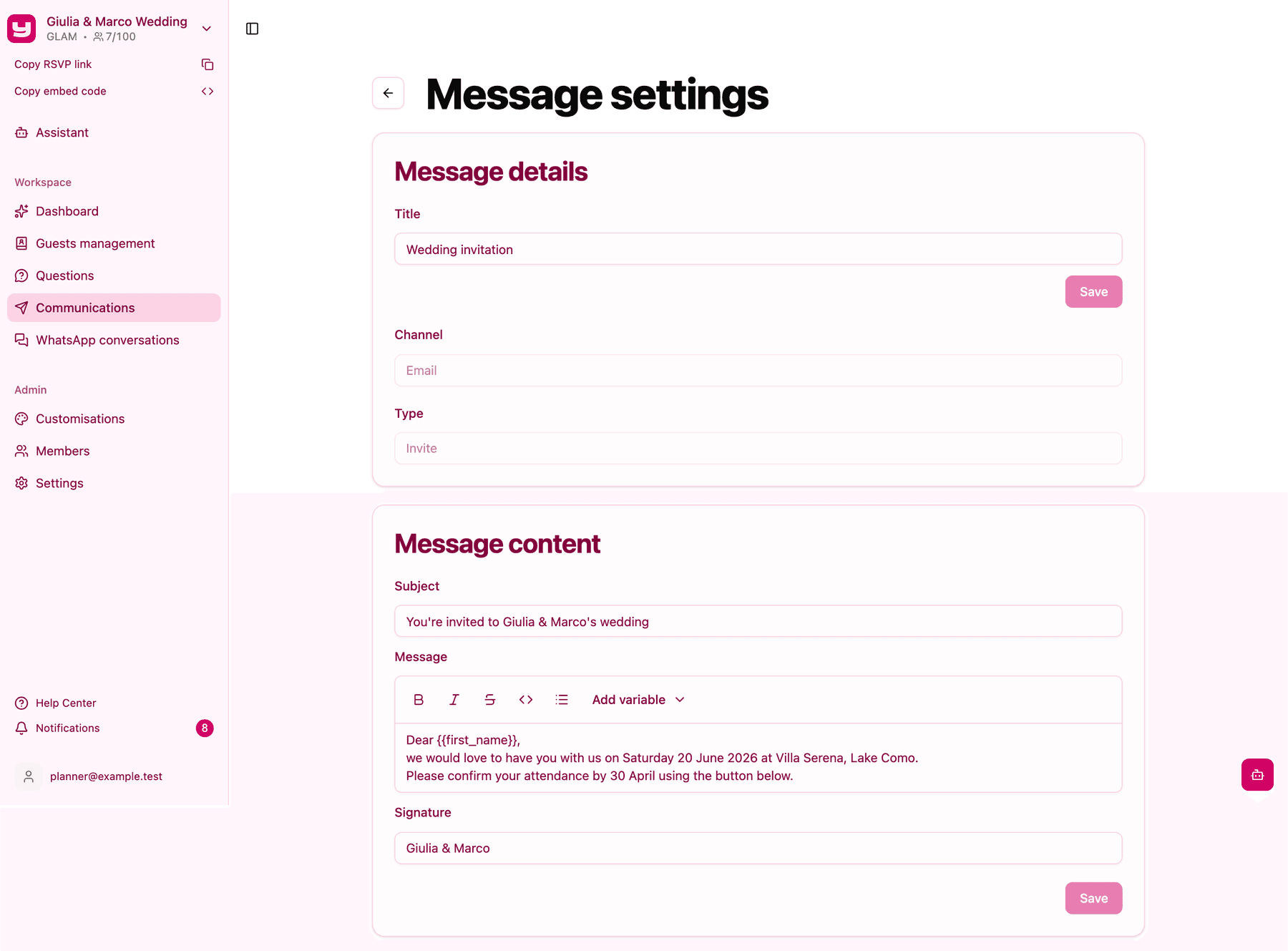 The Message settings page