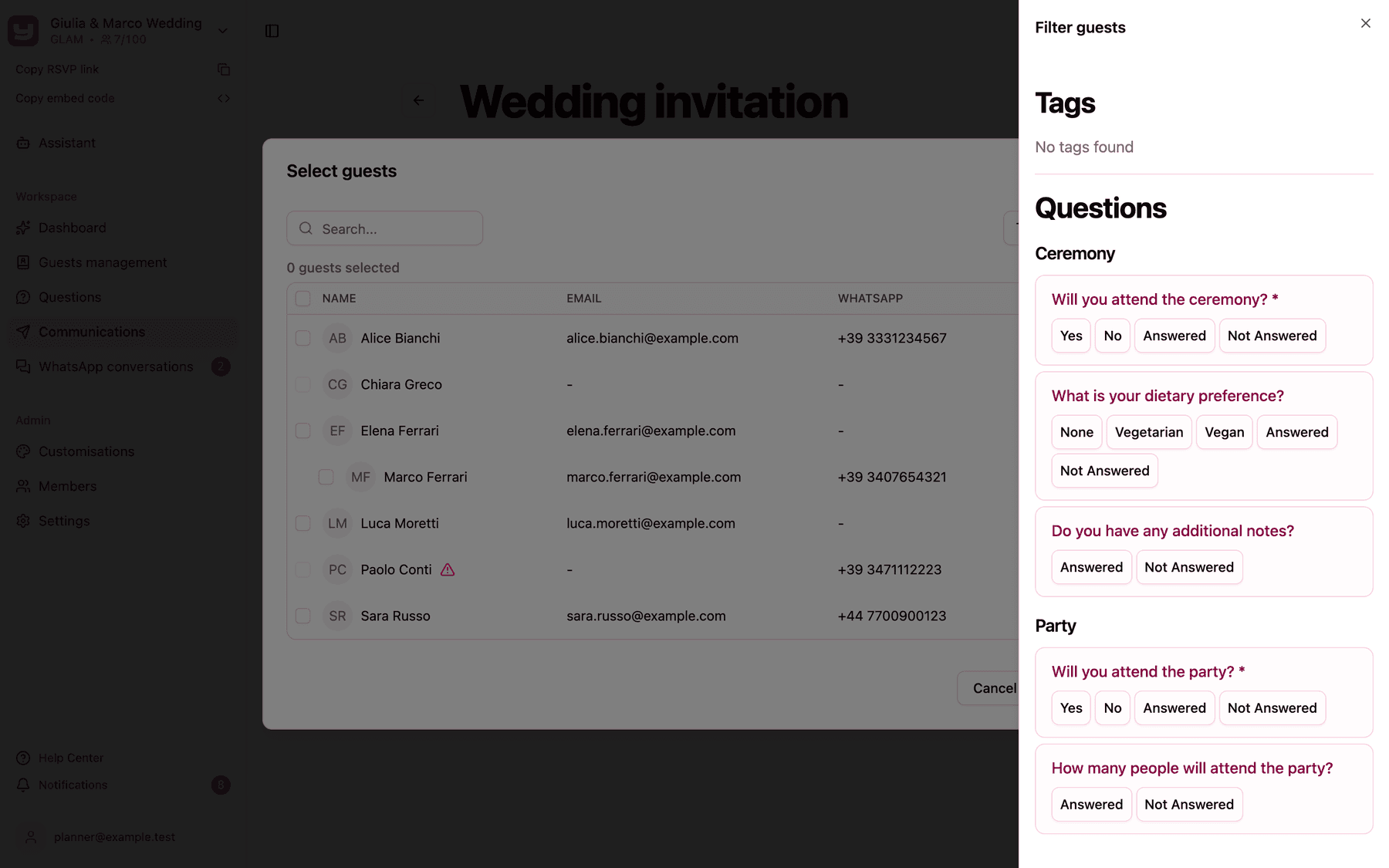 The Filter guests panel with Tags and Questions