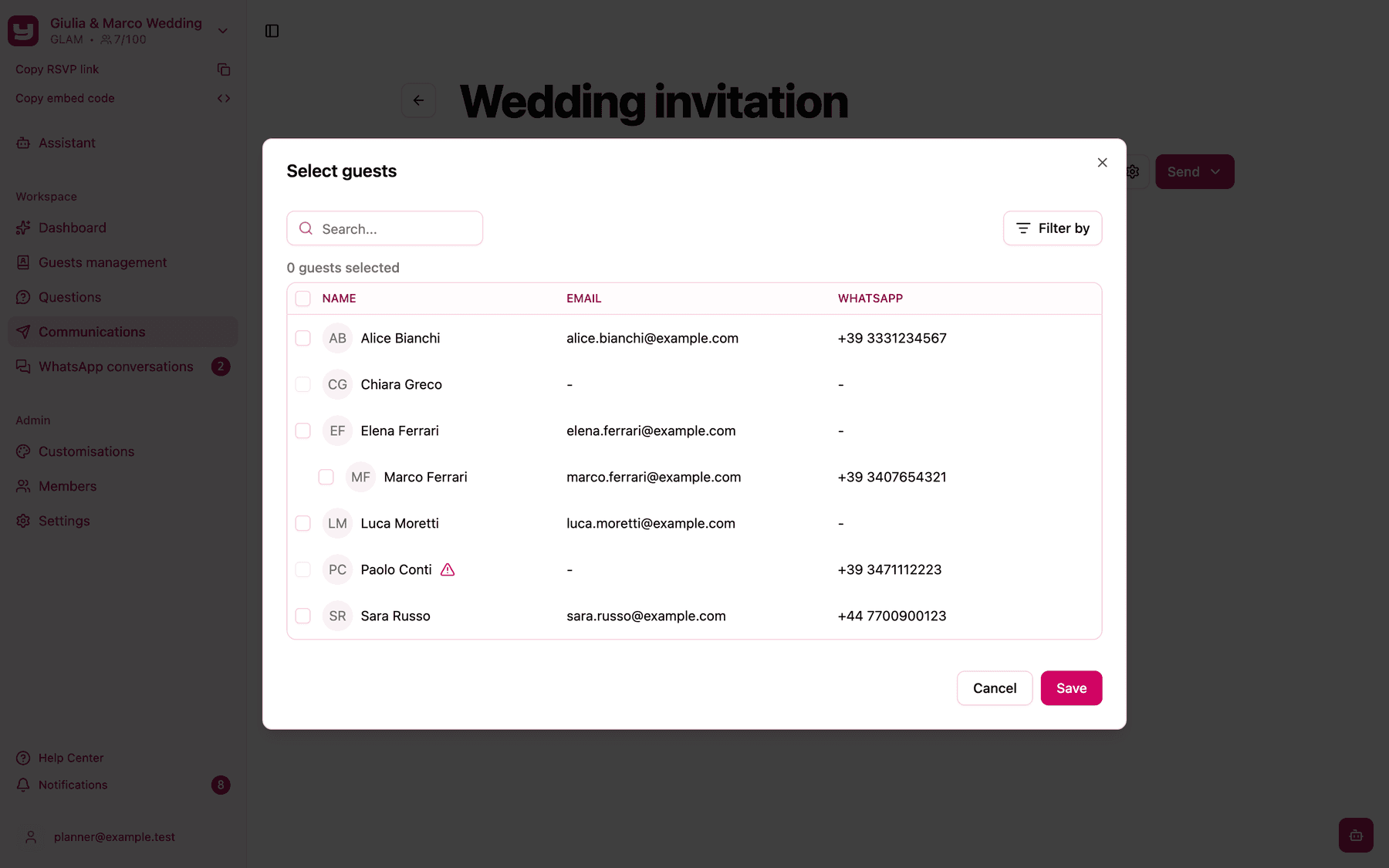 The Select guests window with a household and a guest without contact details