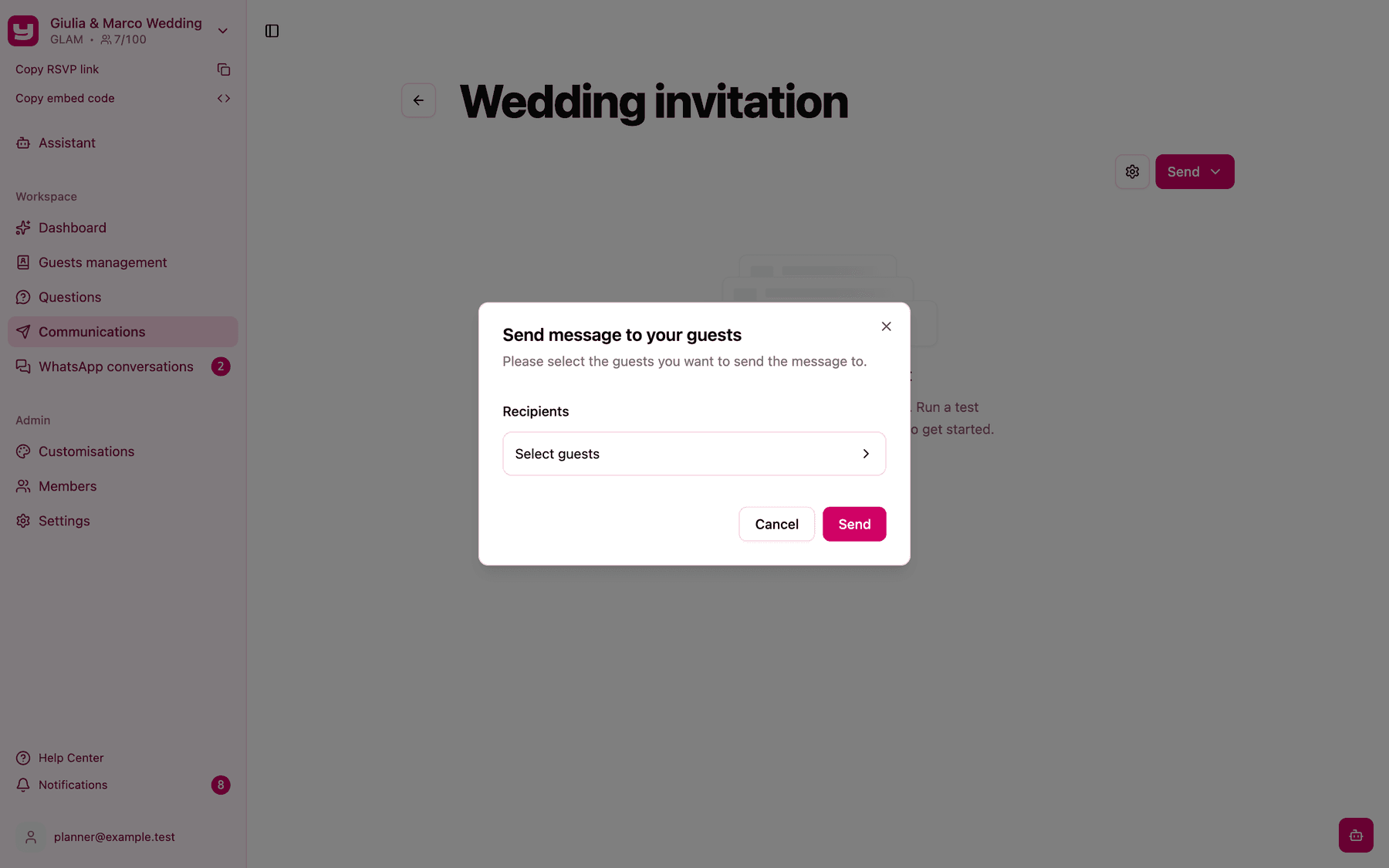 The Send message to your guests dialog