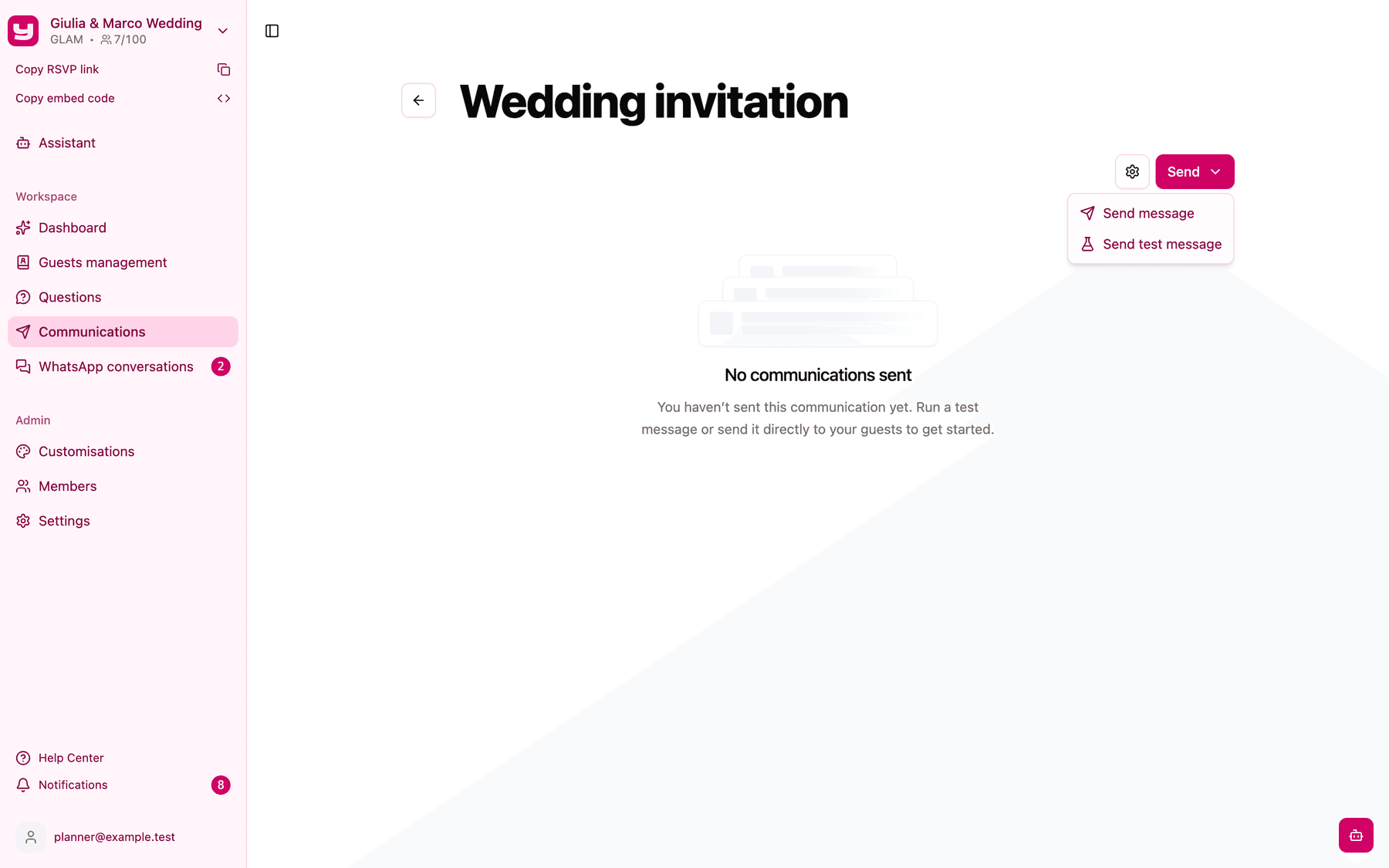 The Send menu with Send message and Send test message