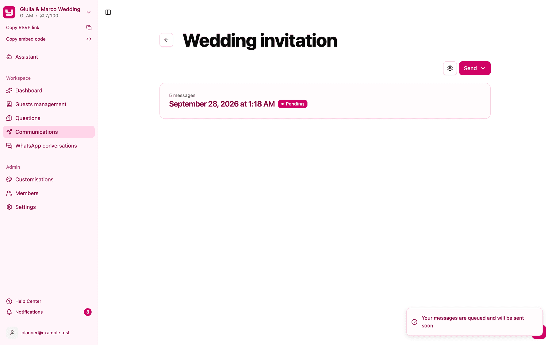 The confirmation "Your messages are queued and will be sent soon"