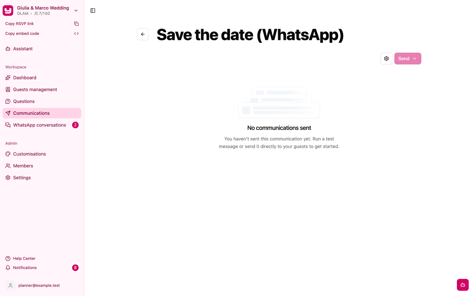 A WhatsApp communication page with Send disabled while the template is pending