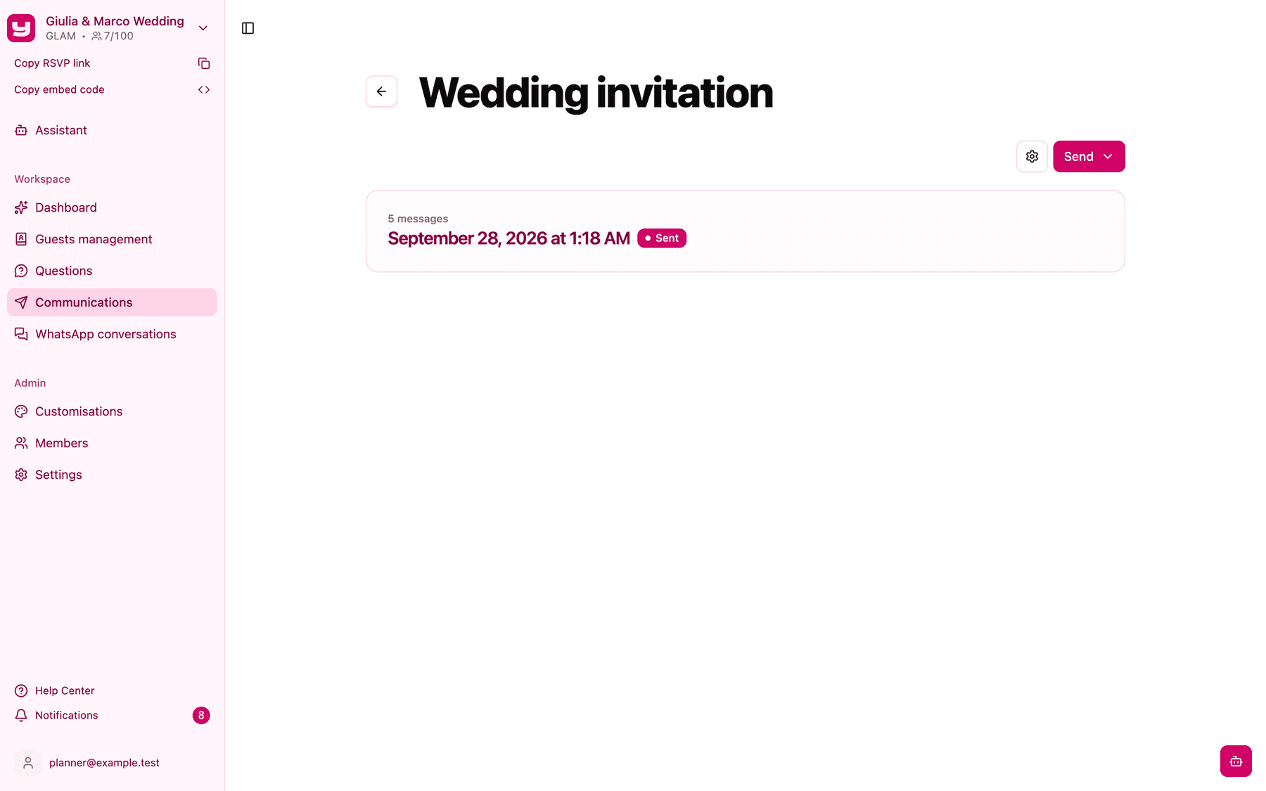 A send card showing 5 messages, Sent