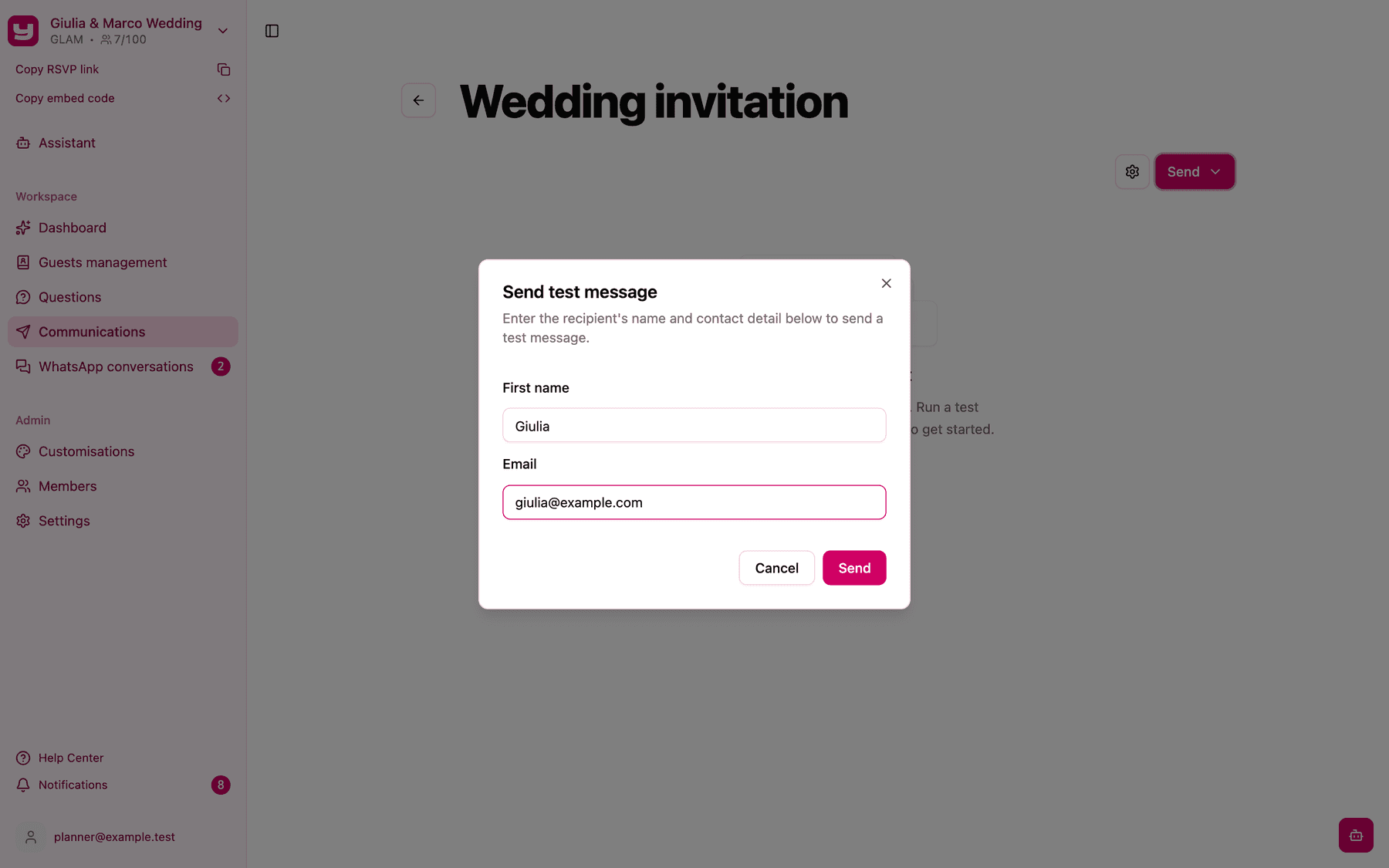 The Send test message dialog