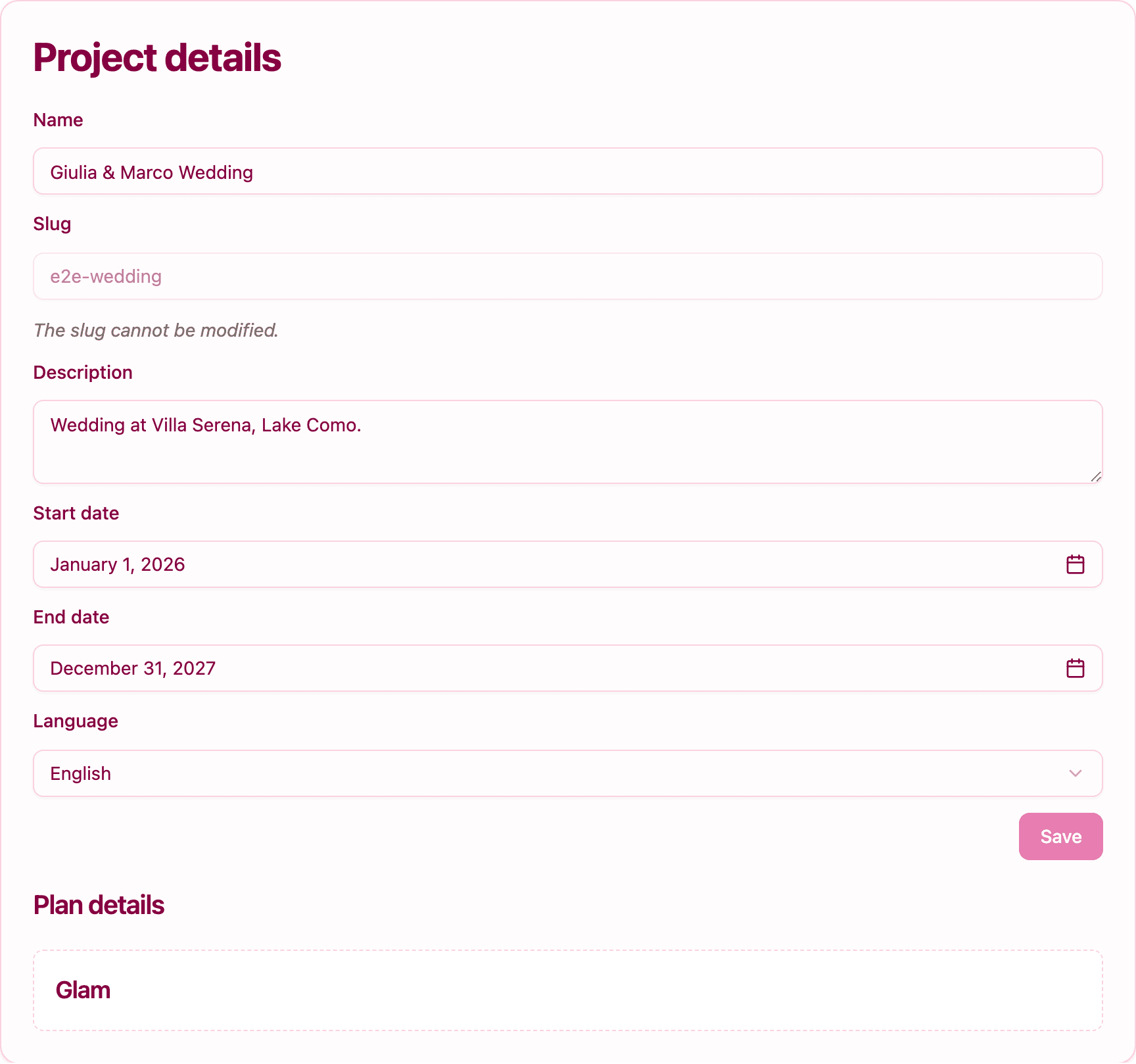 The Project details card with name, slug, description, dates, language and plan