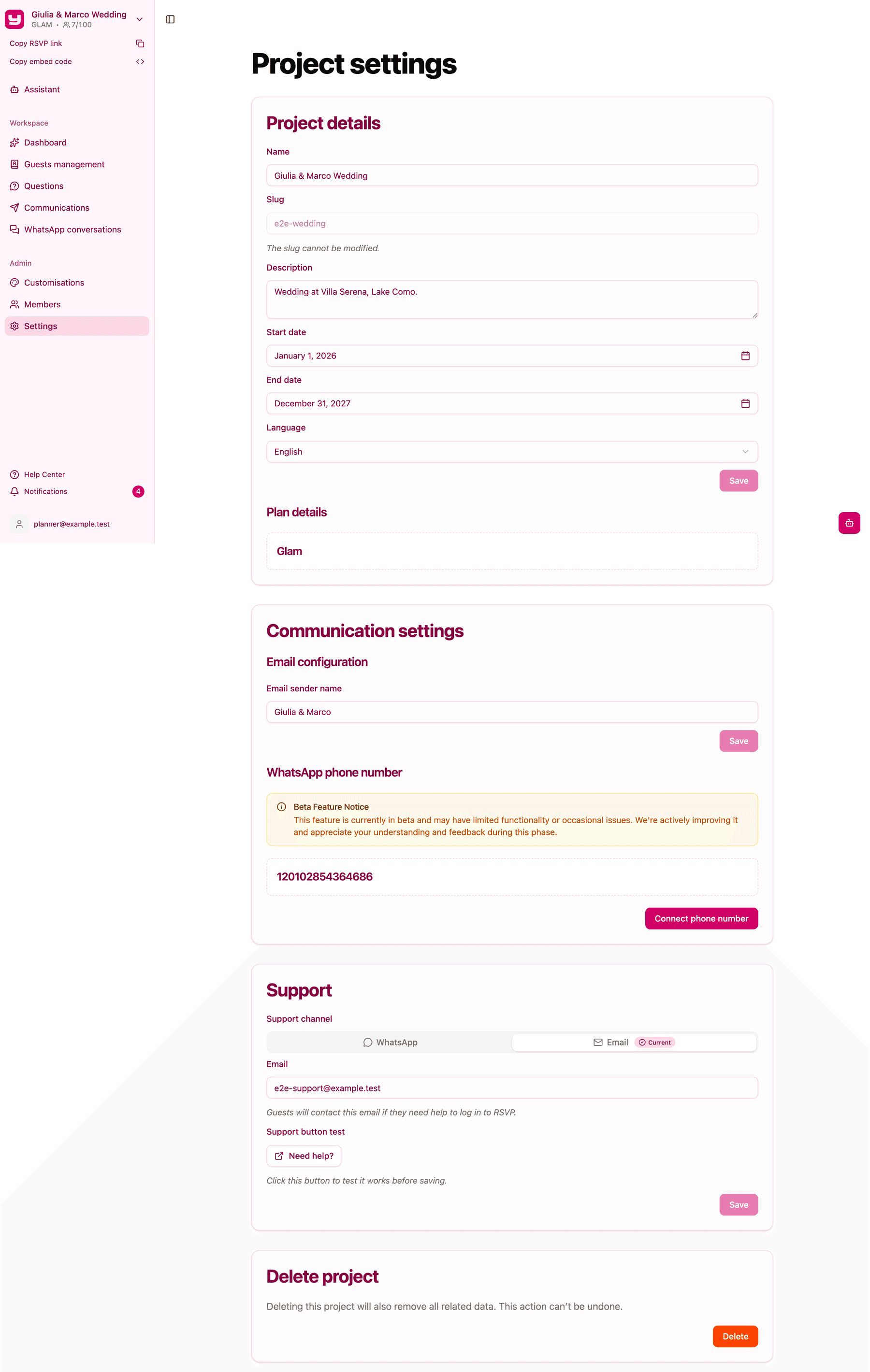 The Project settings page with the Project details, Communication settings, Support and Delete project cards