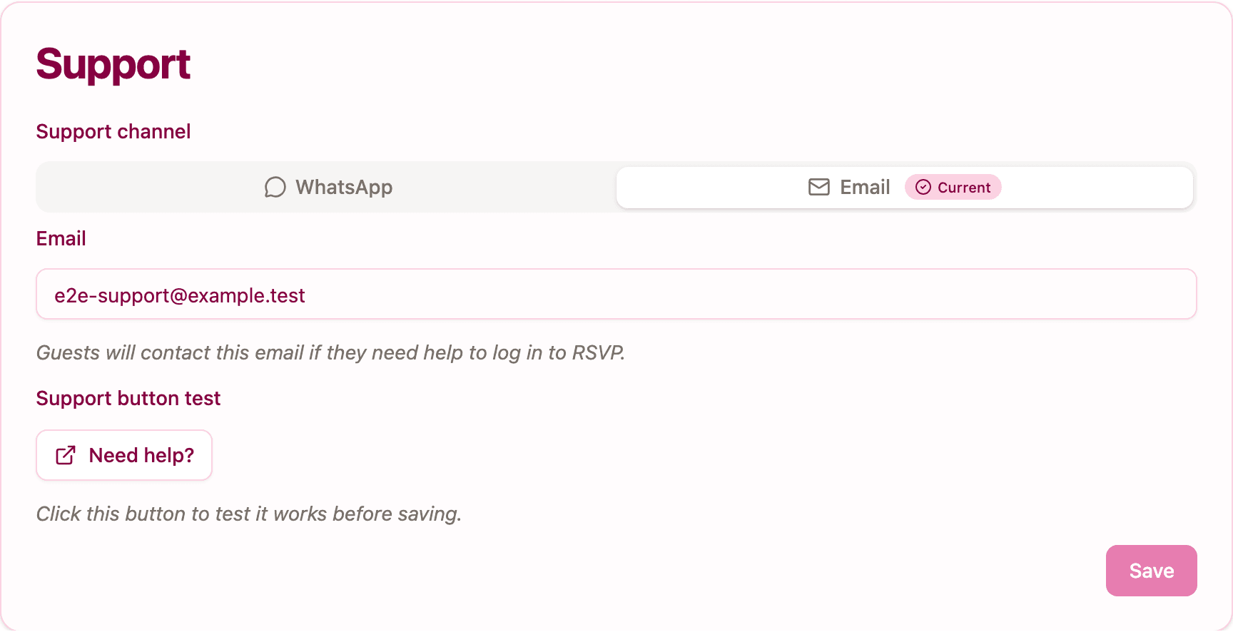 The Support card with the WhatsApp and Email tabs, the email address and the Need help? test button