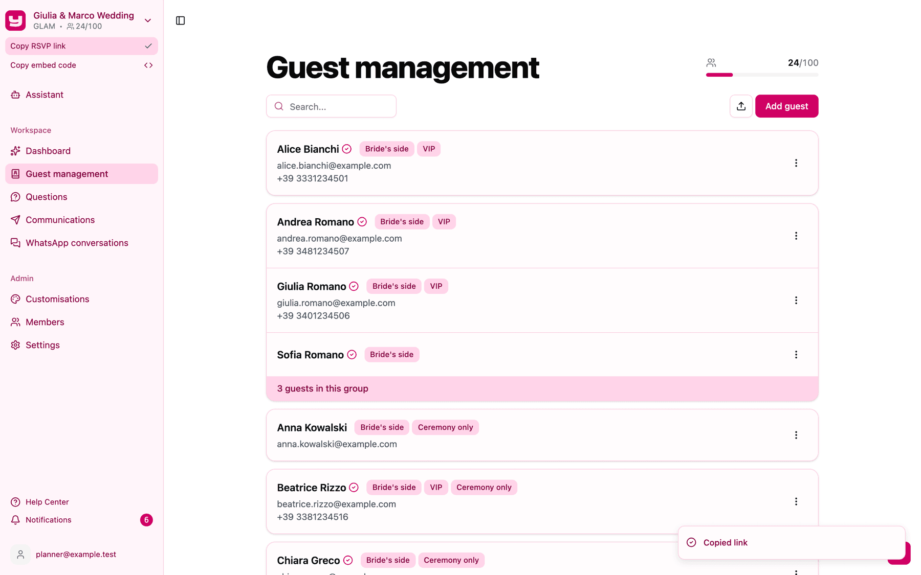 The Copied link message and the green check next to Copy RSVP link