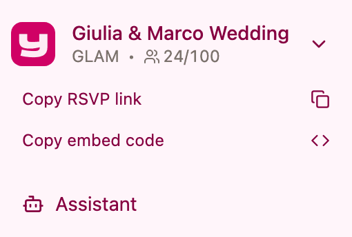 The top of the sidebar with Copy RSVP link and Copy embed code under the project name