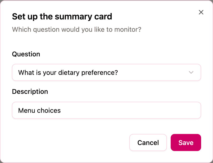 The "Set up the summary card" dialog with a question selected and a description typed in
