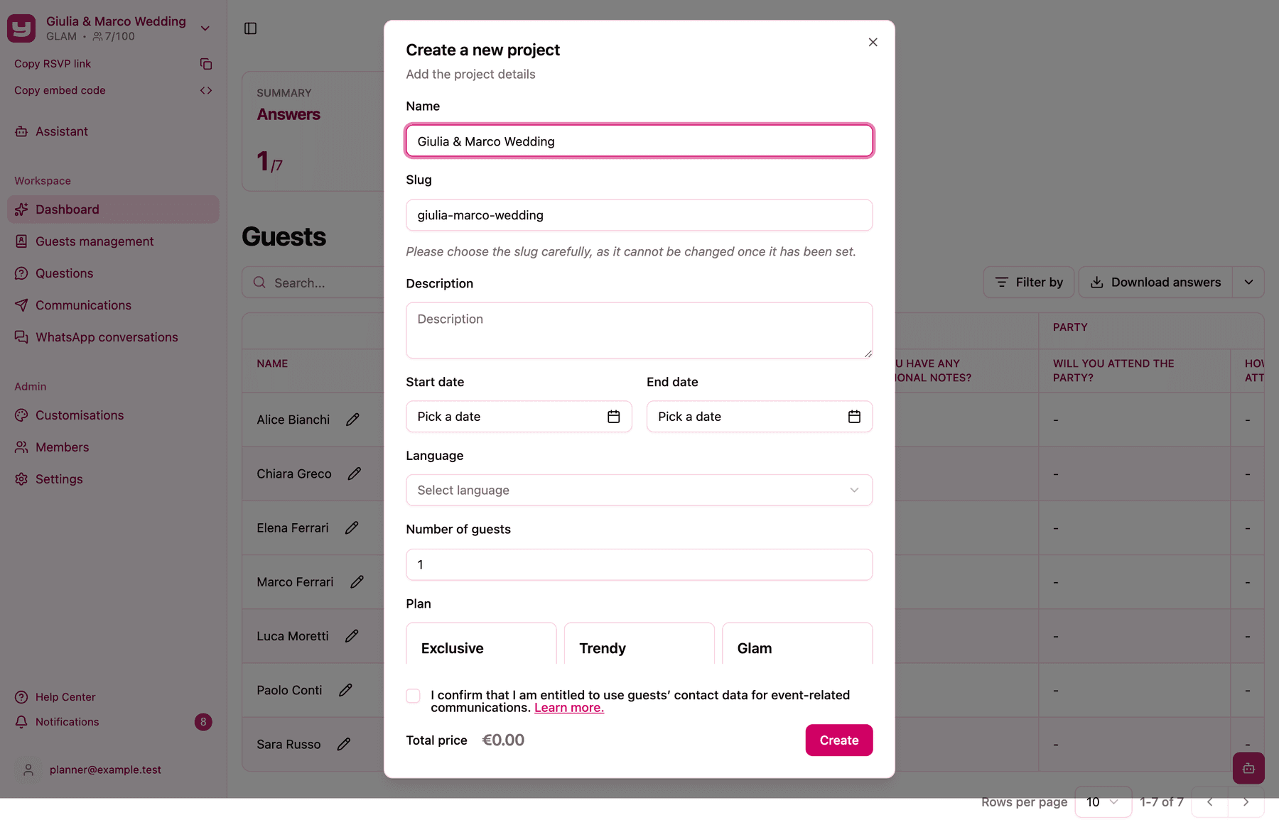 The "Create a new project" form with the Number of guests field, the Exclusive, Trendy and Glam plan cards and the Total price