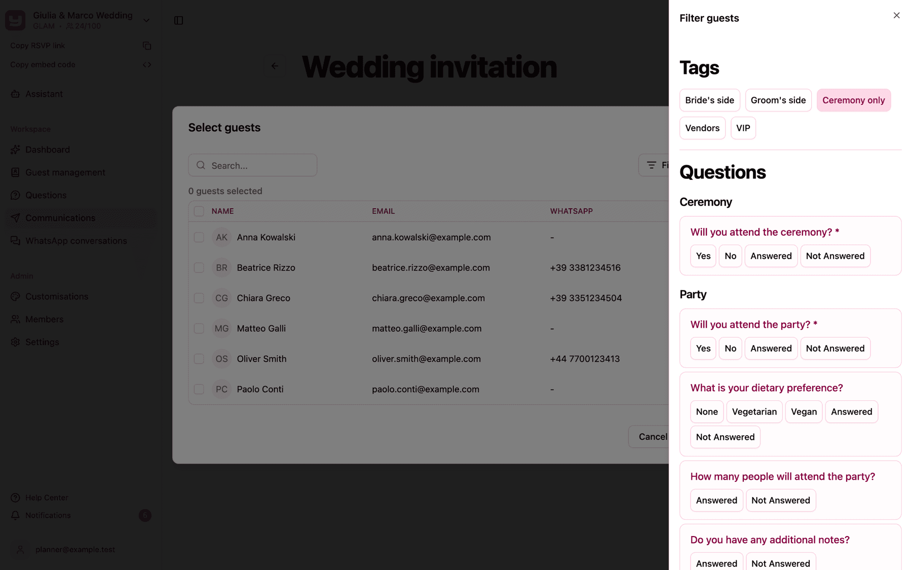 The recipient picker of a communication filtered by the Ceremony only tag
