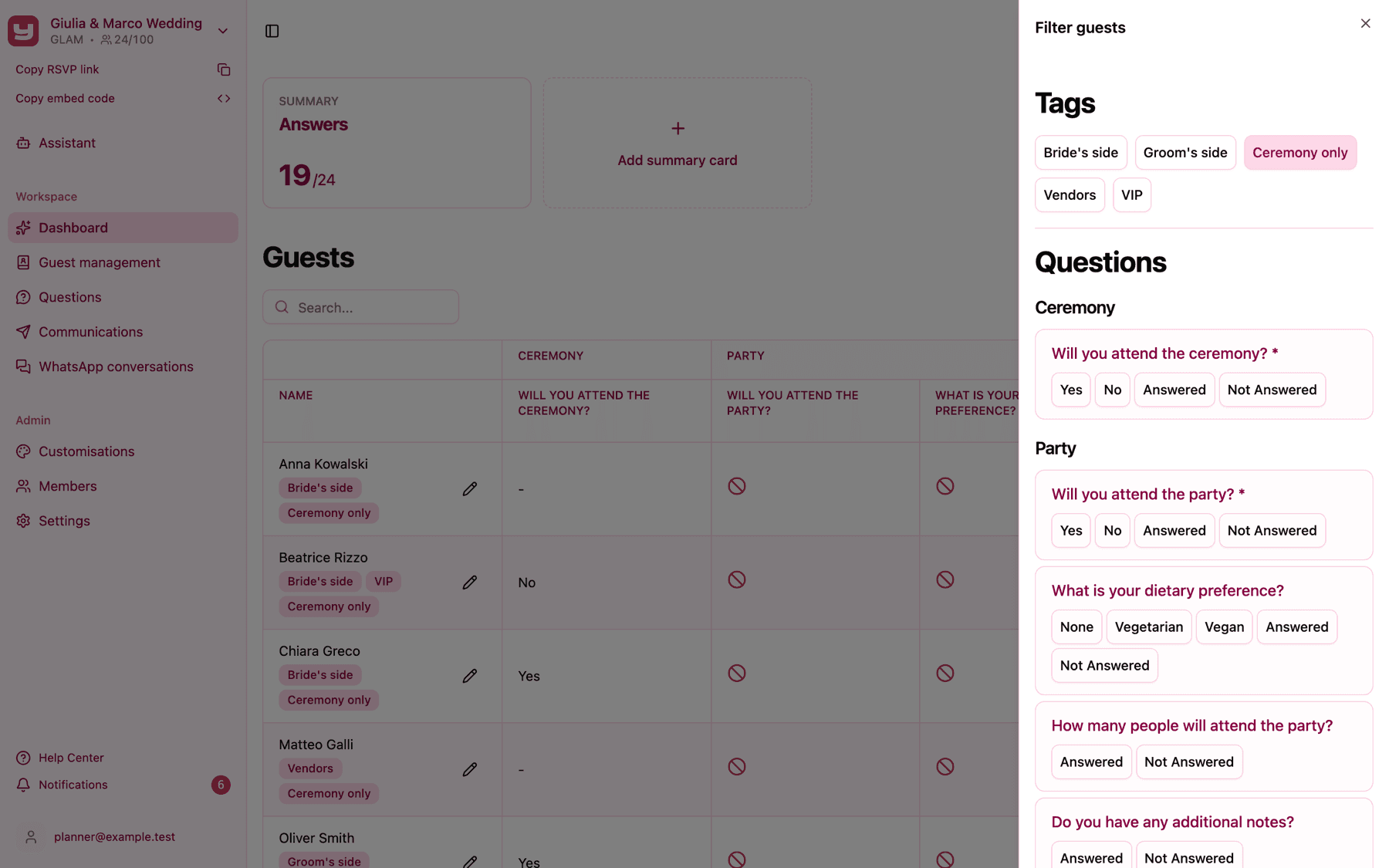 The Filter guests panel of the report table with the Ceremony only tag selected