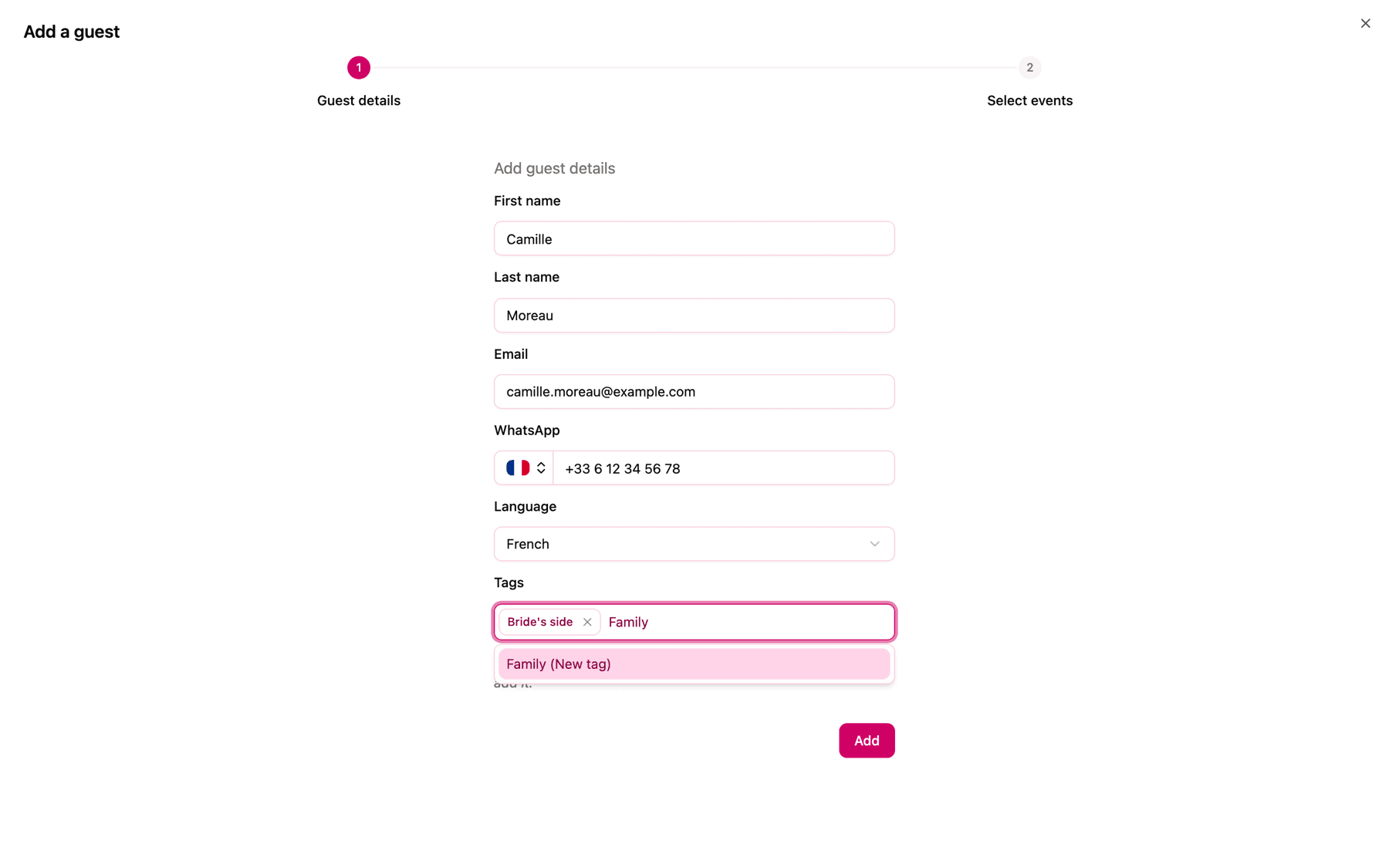 Typing Family in the Tags field shows the Family (New tag) option