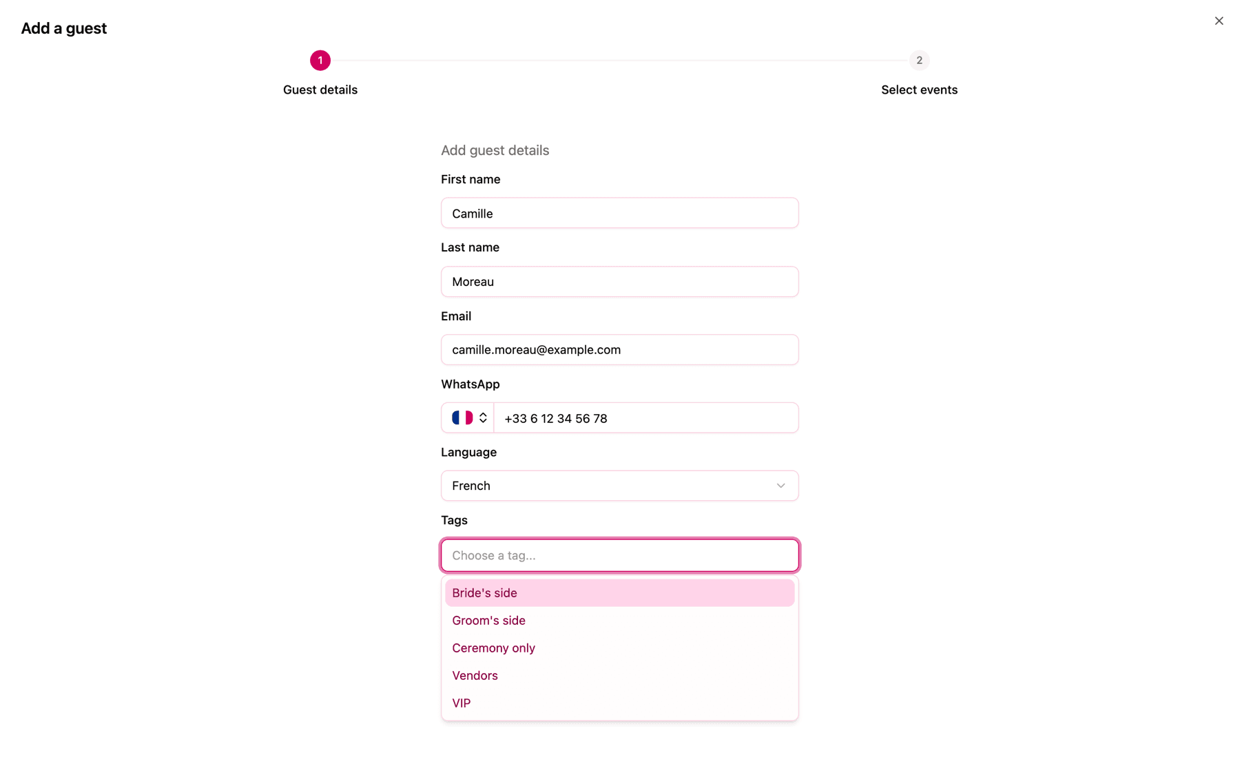 The Tags field open, listing the project's existing tags