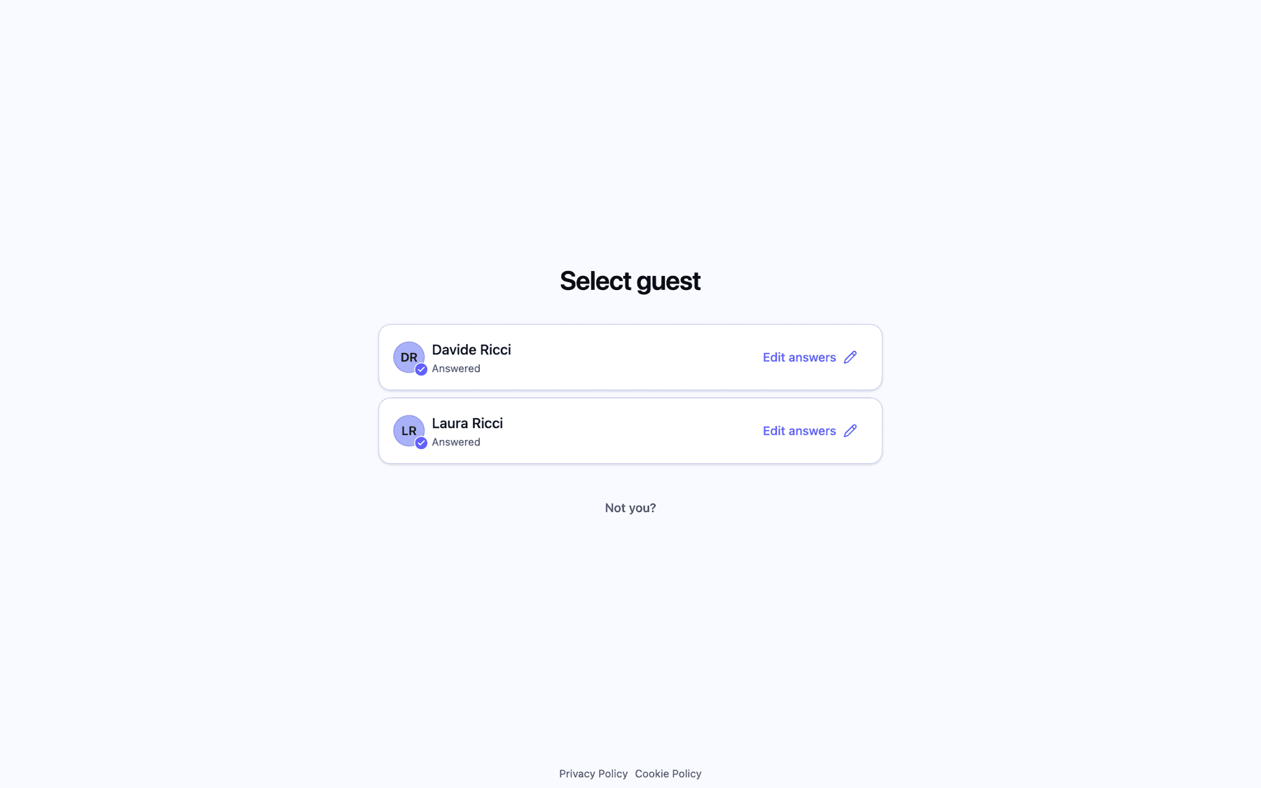The Select guest screen with both household members marked as answered and an Edit answers link next to each