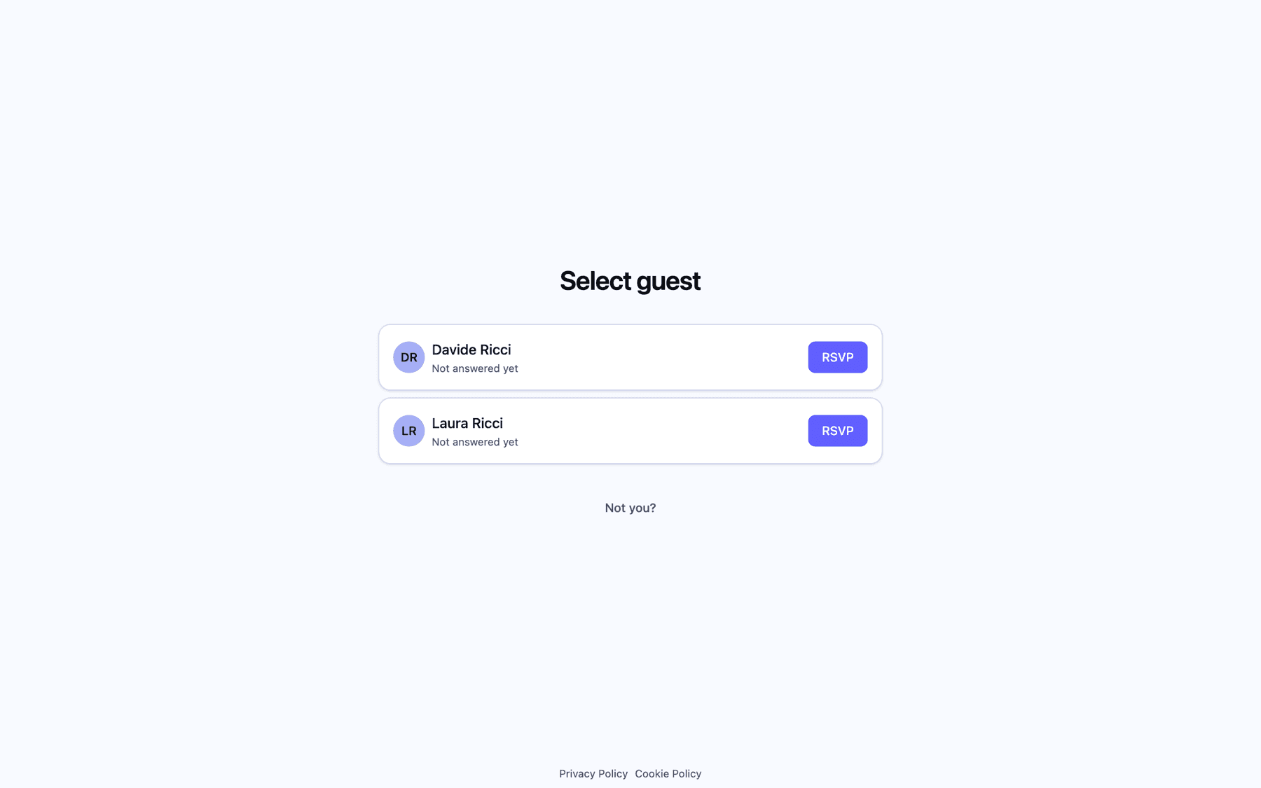The Select guest screen with two household members, both not answered yet