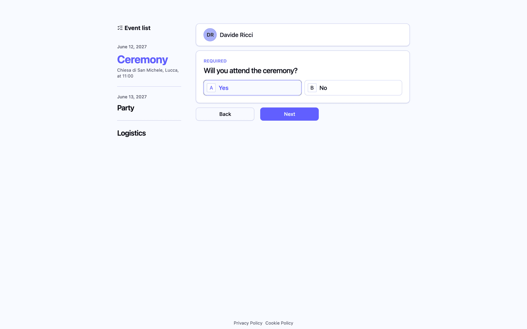 The first step of the survey, with the Event list on the left and the mandatory attendance question