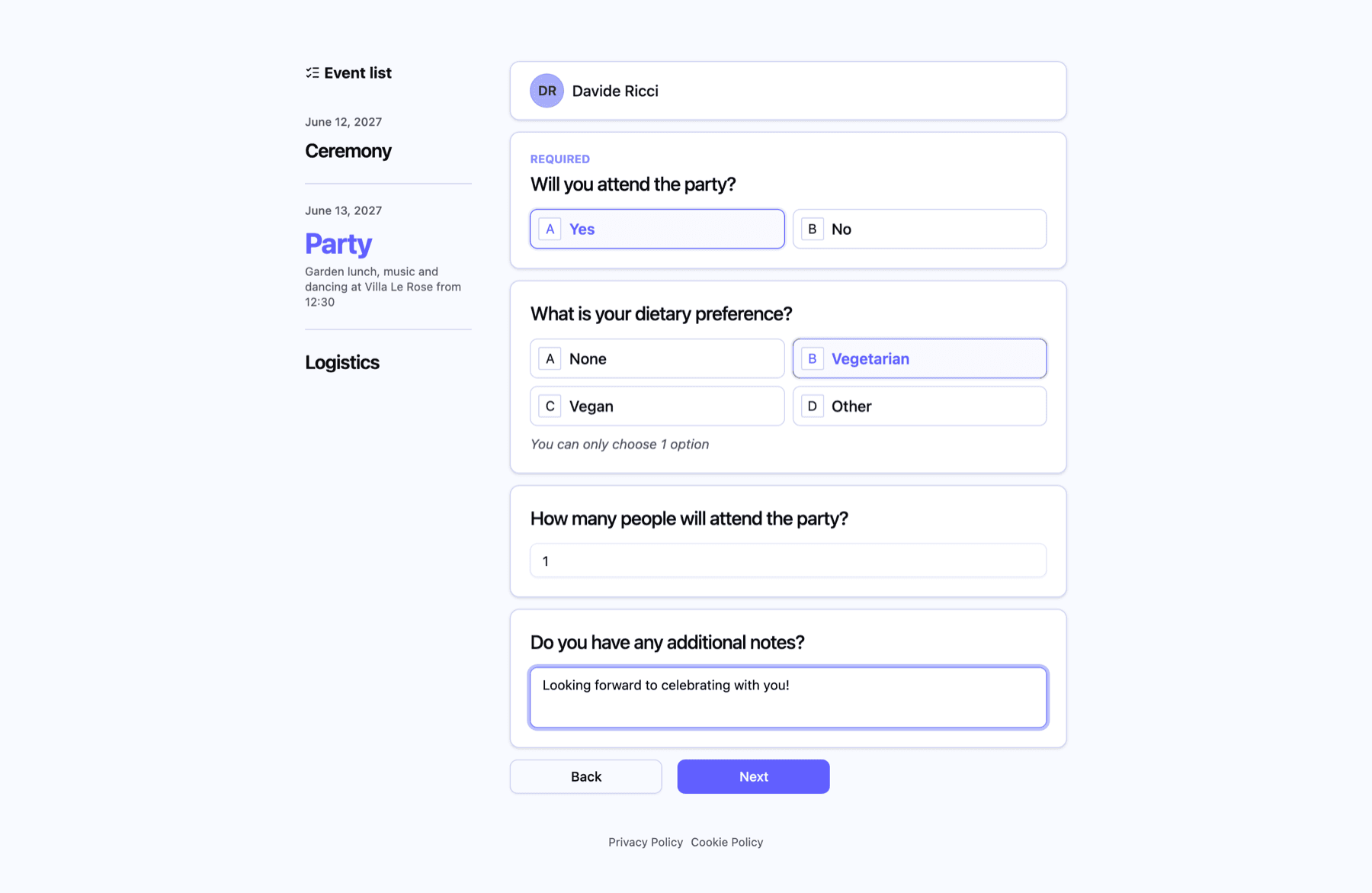 A later step of the survey with a single choice question, including the Other option, a number and a text question