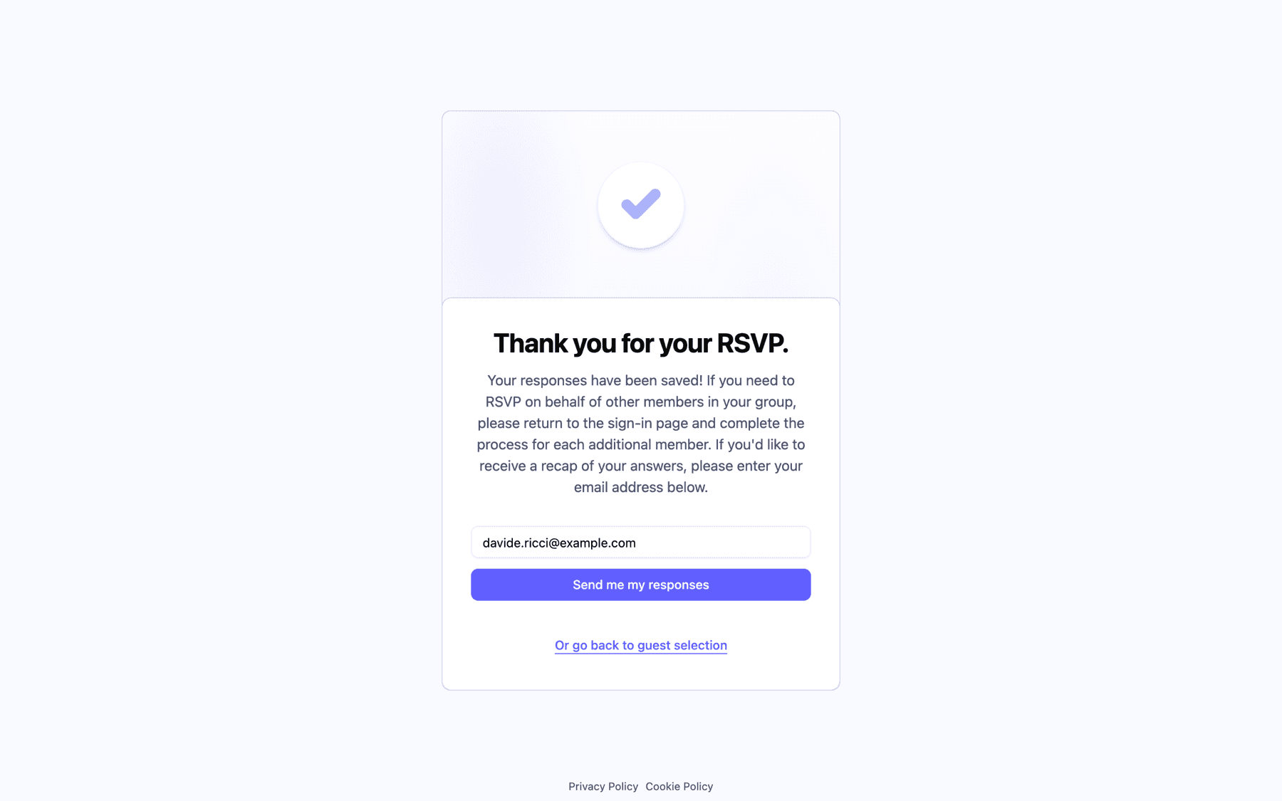 The thank-you screen with the email field for the recap and the link to go back to guest selection