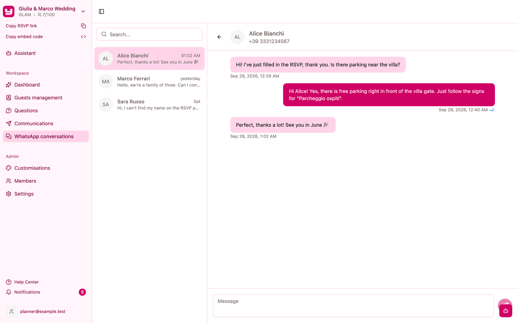 A conversation with Alice: her messages on the left, a reply with blue ticks on the right and the message box at the bottom