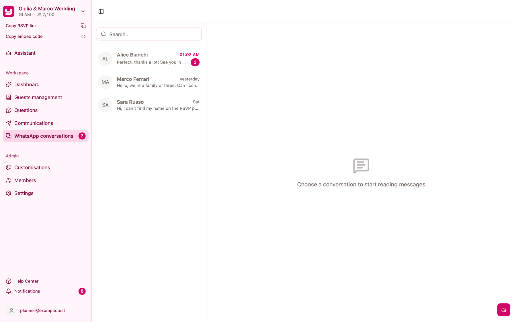 The conversation list with three conversations, one with unread messages
