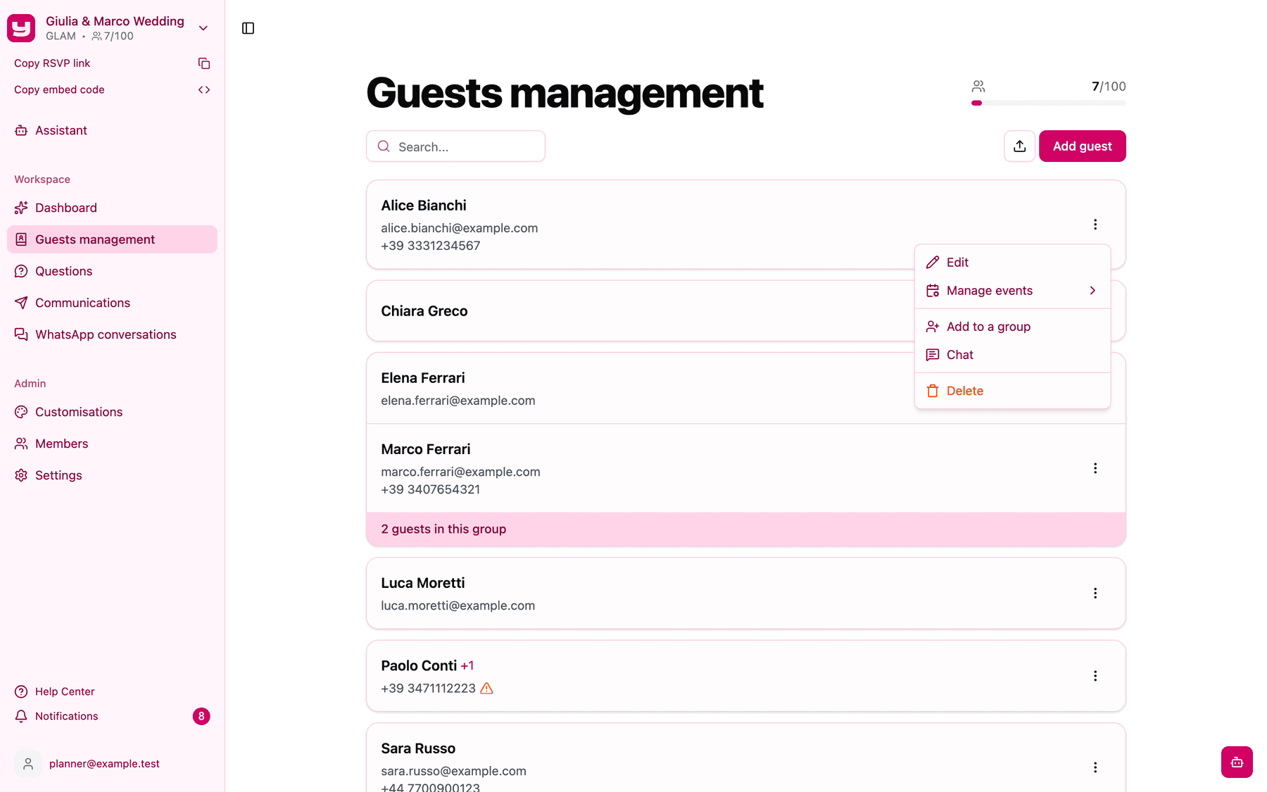 The guest menu in Guests management with the Chat option