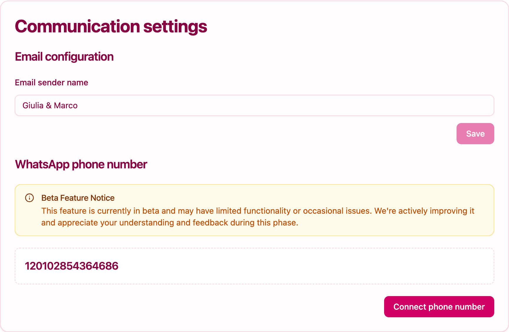 The WhatsApp phone number section with the beta notice, the number ID box and the Connect phone number button